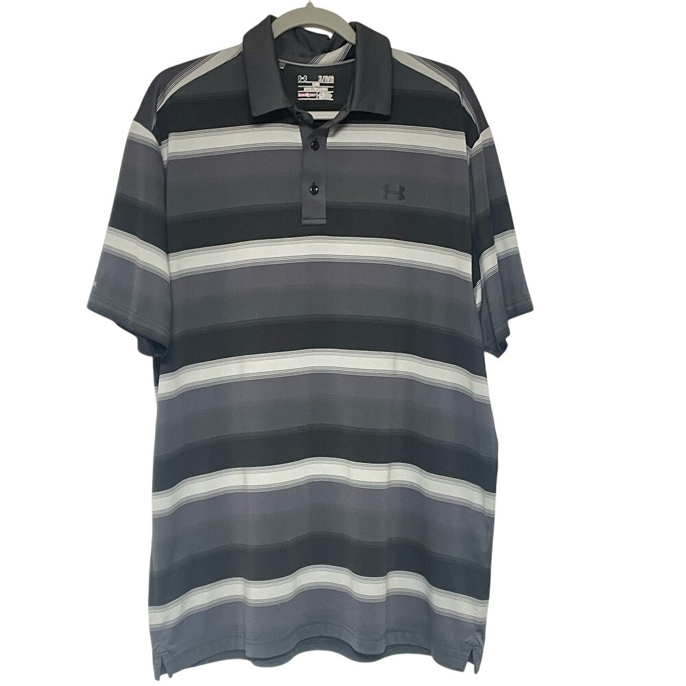Under Armour Loose Fit Heatgear Black Gray Stripe Golf Polo Shirt Mens XL